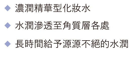 濃潤精華型化妝水 / 水潤滲透至角質層各處 / 長時間給予源源不絕的水潤