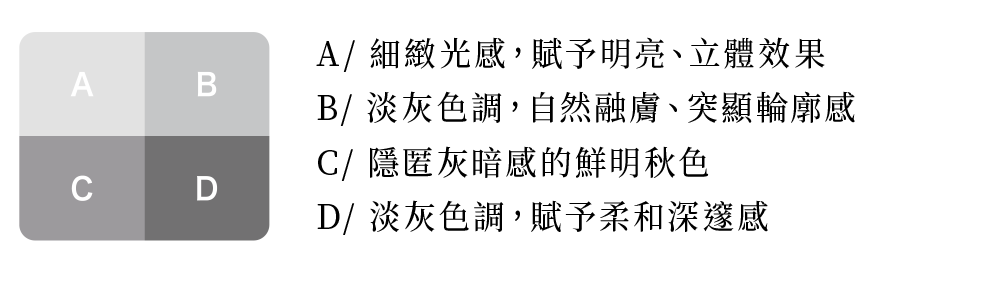 
									A/ 細緻光感，賦予明亮、立體效果 B/ 淡灰色調，自然融膚、突顯輪廓感 C/ 隱匿灰暗感的鮮明秋色 D/ 淡灰色調，賦予柔和深邃感